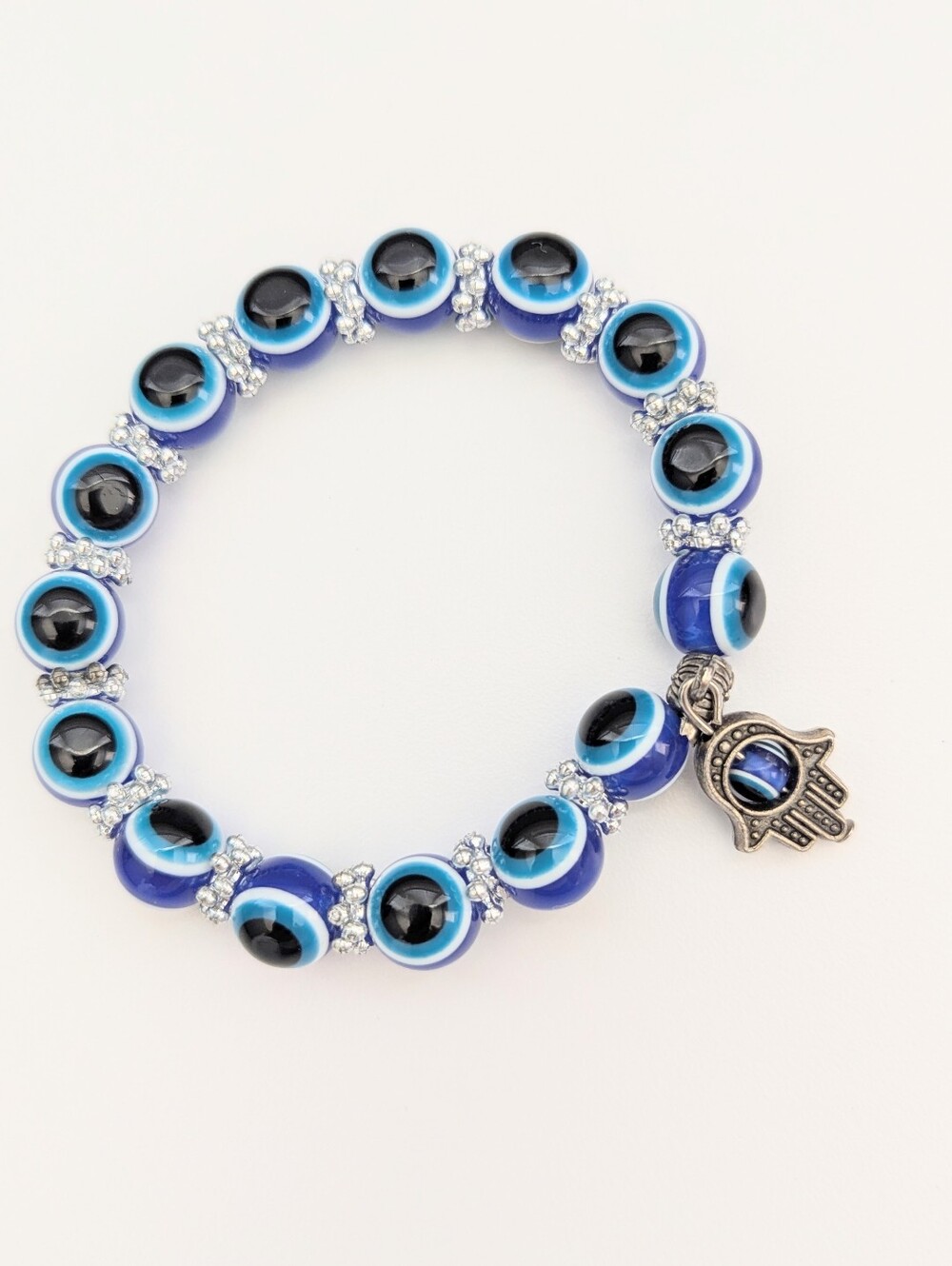 NWOT Blue Protective Evil Eye Stretch Beaded Bracelet w/Silver-Tone Hamsa Charm